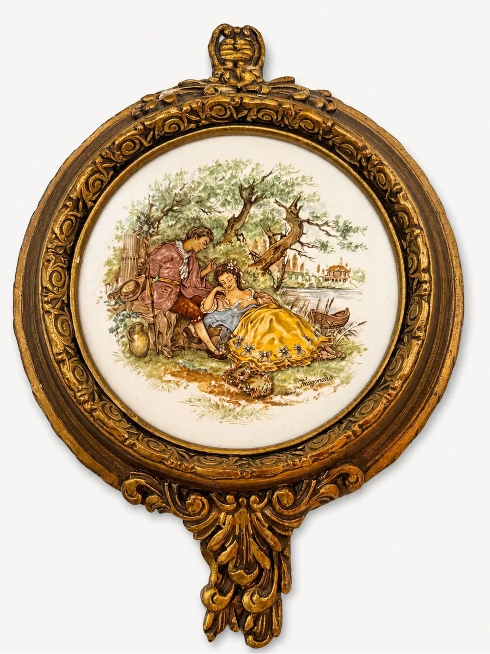 Vintage Fragonard Style Framed Ceramic Wall Plaque Ornate Gold Frame